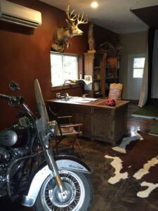 The farm office at Bamesberger Farms, complete with Phil's Harley Davidson motorcycle when the need for a ride arises.