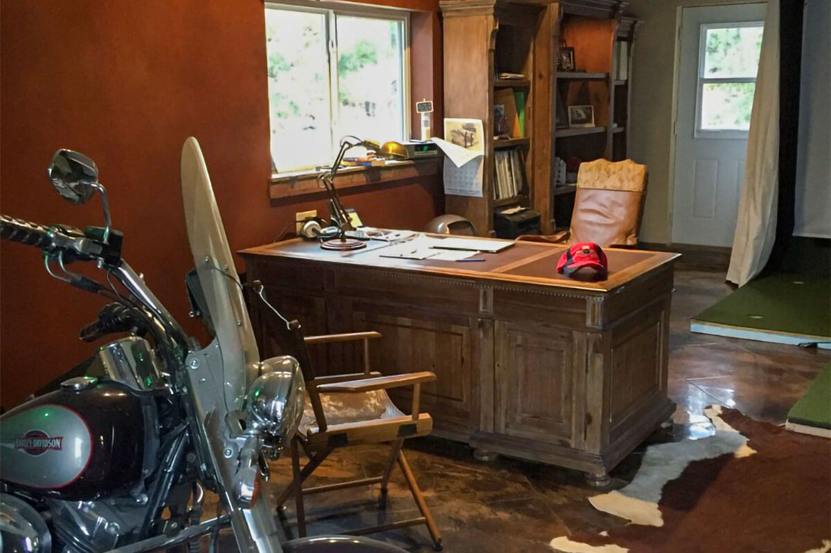 The farm office at Bamesberger Farms, complete with Phil's Harley Davidson motorcycle when the need for a ride arises.