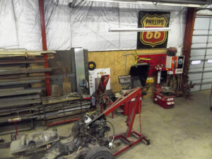 The Farm Shop has raw metal storage and tire mounting and balancing equipment.