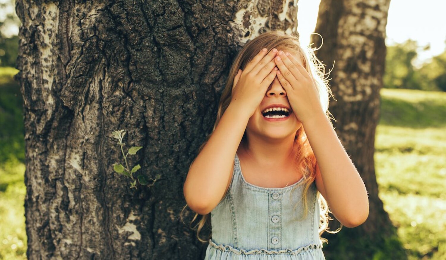 A little girl plays hide and seek near a tree