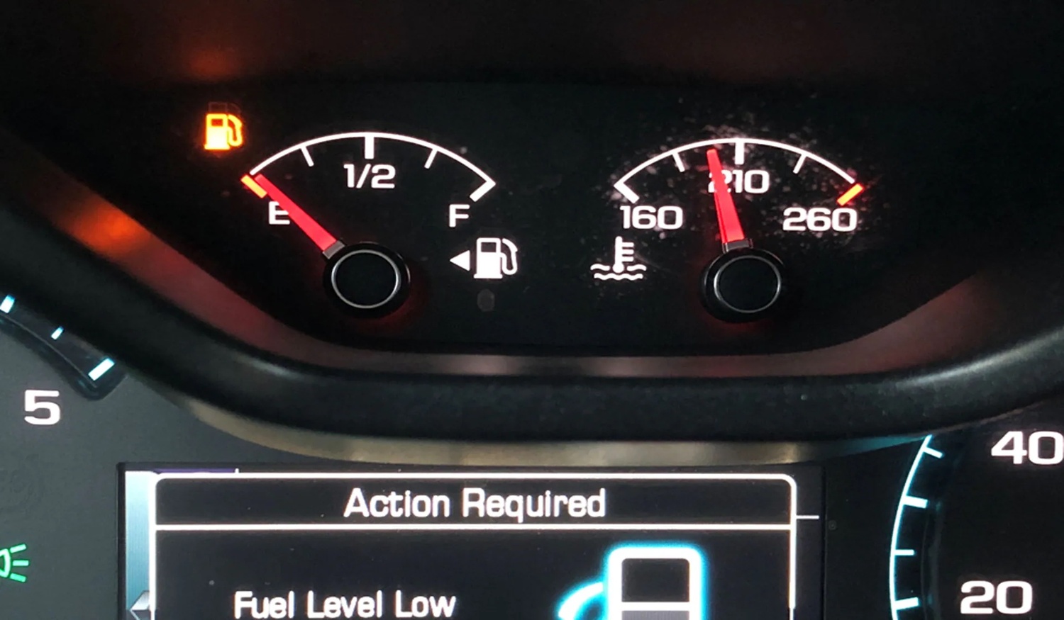 gas gauge showing low fuel