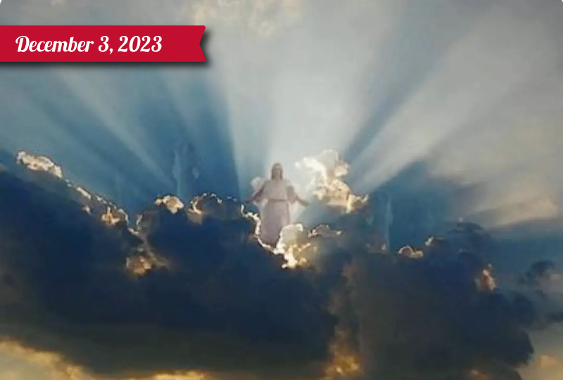 Jesus is illuminated in light in the clouds of heaven